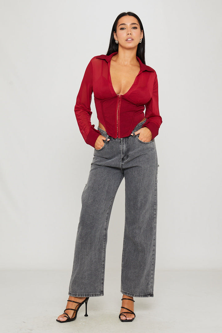 Burgundy Sheer Corset Detail Long Sleeve Top