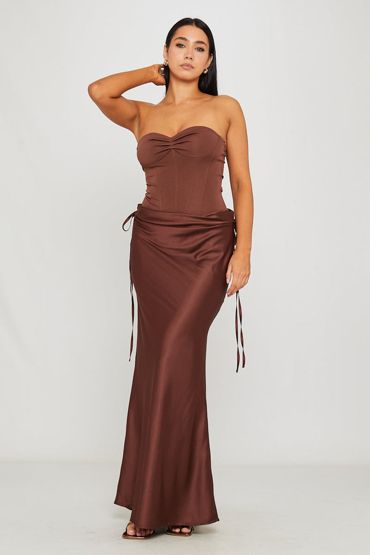Brown Strapless Corset Bodysuit & Draped Maxi Skirt Co-Ord