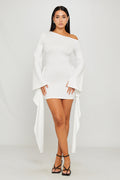 White One Shoulder Flared Sleeve Draped Mini Dress