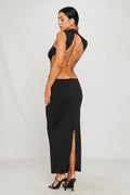 Black High Neck Open Back Butterfly Detail Maxi Dress