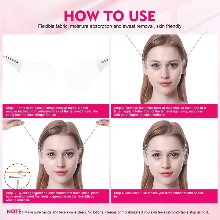 Facelifting Tape Set, 80 Pieces Face Tape & 4 Guy Ropes for Direct V, Facelifting Tape, V Shape, Instant Face, Neck and Eye Lift, Makeup Facelift Tool for Face